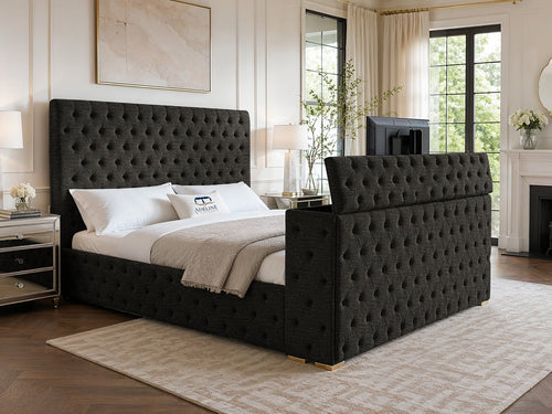 Grandeur Chesterfield Button-Tufted Storage TV Bed Set with End Lift – 48" Floor Standing Headboard