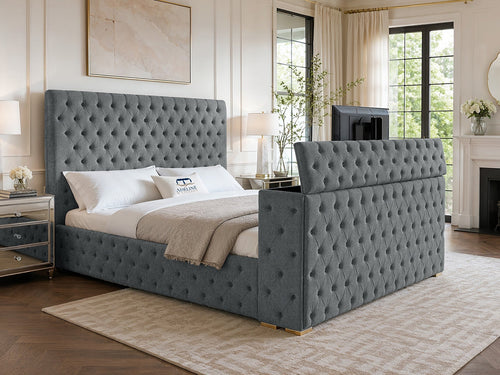 Grandeur Chesterfield Button-Tufted Storage TV Bed Set with End Lift – 48" Floor Standing Headboard
