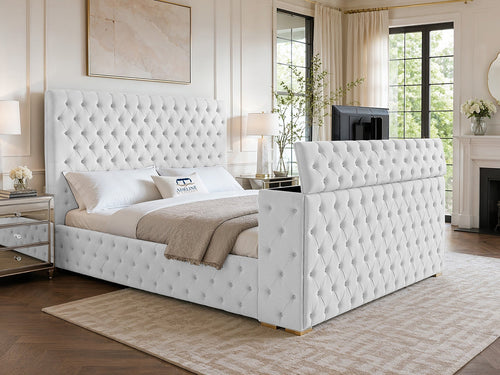 Grandeur Chesterfield Button-Tufted Storage TV Bed Set with End Lift – 48" Floor Standing Headboard