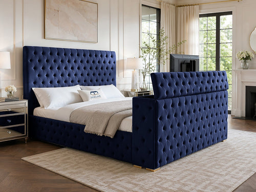 Grandeur Chesterfield Button-Tufted Storage TV Bed Set with End Lift – 48" Floor Standing Headboard