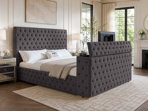 Grandeur Chesterfield Button-Tufted Storage TV Bed Set with End Lift – 48" Floor Standing Headboard