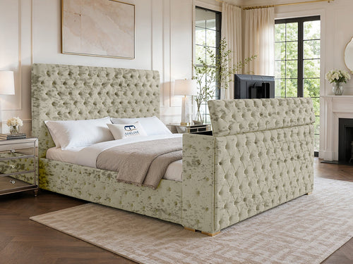 Grandeur Chesterfield Button-Tufted Storage TV Bed Set with End Lift – 54" Floor Standing Headboard