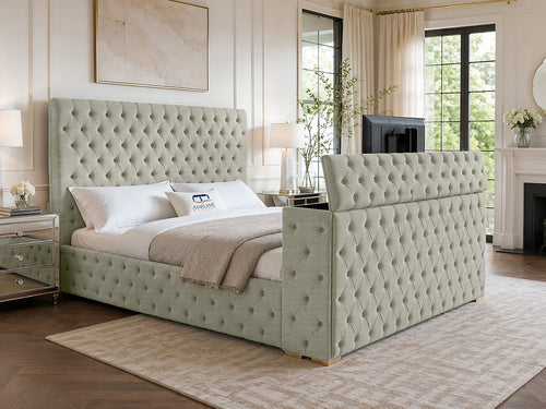 Grandeur Chesterfield Button-Tufted Storage TV Bed Set with End Lift – 54" Floor Standing Headboard