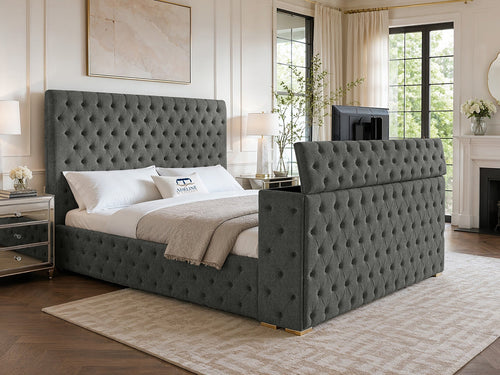 Grandeur Chesterfield Button-Tufted Storage TV Bed Set with End Lift – 54" Floor Standing Headboard
