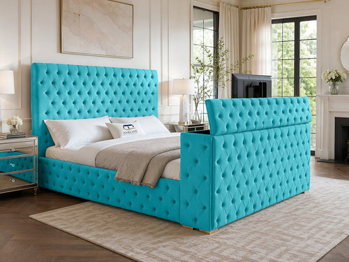 Grandeur Chesterfield Button-Tufted Storage TV Bed Set with End Lift – 54" Floor Standing Headboard