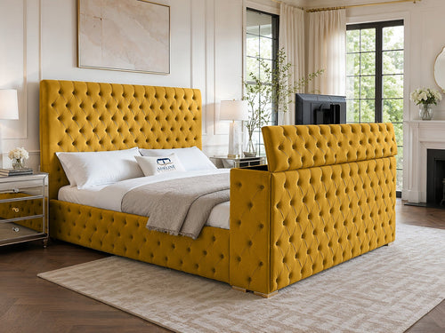 Grandeur Chesterfield Button-Tufted Storage TV Bed Set with End Lift – 54" Floor Standing Headboard