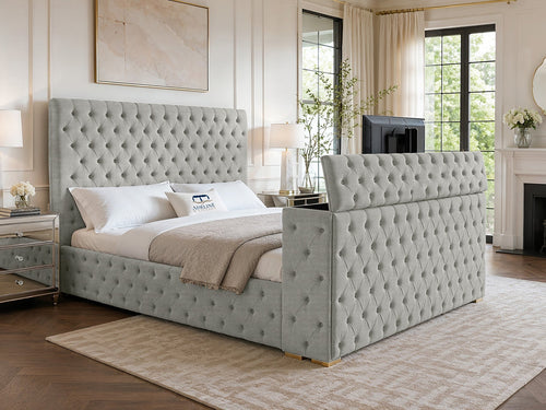 Grandeur Chesterfield Button-Tufted Storage TV Bed Set with End Lift – 54" Floor Standing Headboard