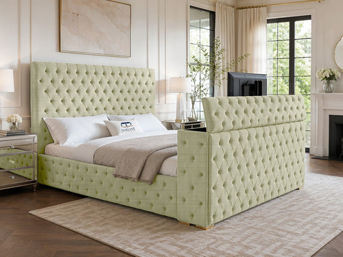 Grandeur Chesterfield Button-Tufted Storage TV Bed Set with End Lift – 60" Floor Standing Headboard