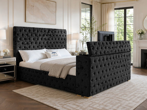 Grandeur Chesterfield Button-Tufted Storage TV Bed Set with End Lift – 60" Floor Standing Headboard