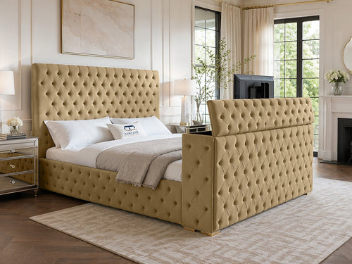 Grandeur Chesterfield Button-Tufted Storage TV Bed Set with End Lift – 60" Floor Standing Headboard