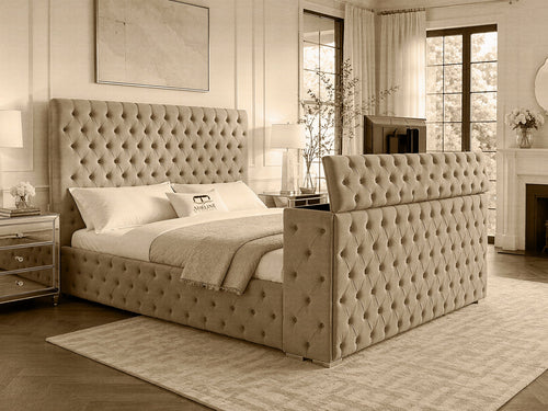 Grandeur Chesterfield Button-Tufted Storage TV Bed Set with End Lift – 60" Floor Standing Headboard