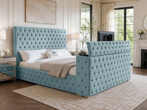 Grandeur Chesterfield Button-Tufted Storage TV Bed Set with End Lift – 60" Floor Standing Headboard