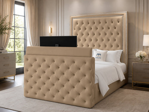 Imperial Stud Button-Tufted Storage TV Bed Set with End Lift – 48" Floor Standing Headboard