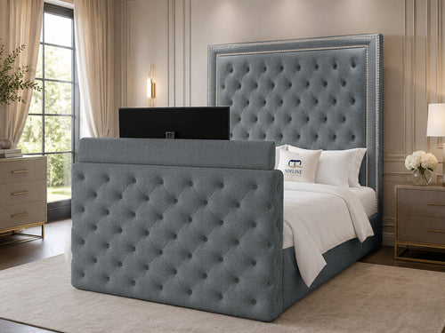 Imperial Stud Button-Tufted Storage TV Bed Set with End Lift – 48" Floor Standing Headboard