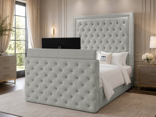 Imperial Stud Button-Tufted Storage TV Bed Set with End Lift – 48" Floor Standing Headboard