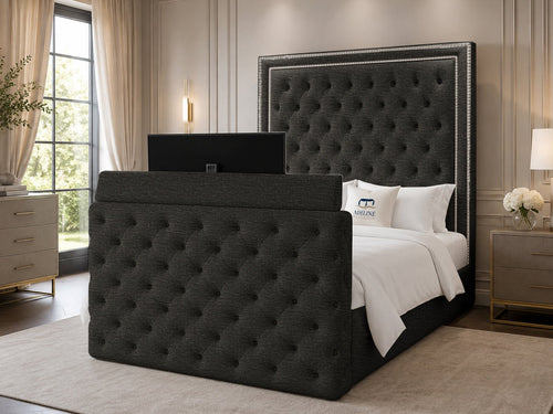 Imperial Stud Button-Tufted Storage TV Bed Set with End Lift – 54" Floor Standing Headboard