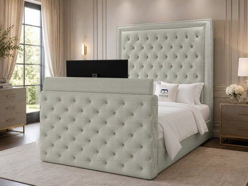 Imperial Stud Button-Tufted Storage TV Bed Set with End Lift – 54" Floor Standing Headboard
