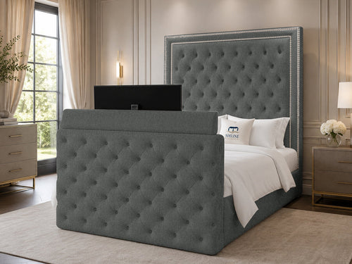 Imperial Stud Button-Tufted Storage TV Bed Set with End Lift – 54" Floor Standing Headboard