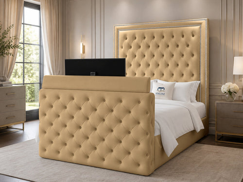 Imperial Stud Button-Tufted Storage TV Bed Set with End Lift – 54" Floor Standing Headboard