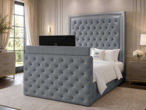 Imperial Stud Button-Tufted Storage TV Bed Set with End Lift – 60" Floor Standing Headboard