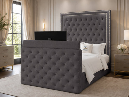 Imperial Stud Button-Tufted Storage TV Bed Set with End Lift – 60" Floor Standing Headboard