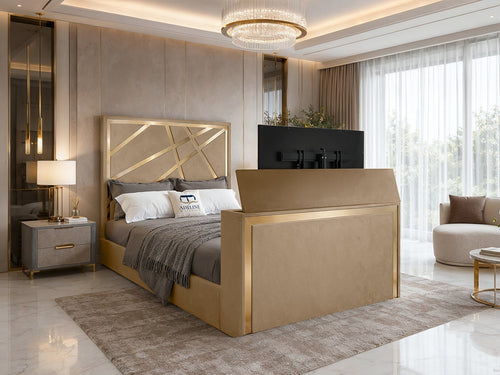 Luxe Gold Panel Storage TV Bed Set with End Lift – 48" Floor Standing Headboard