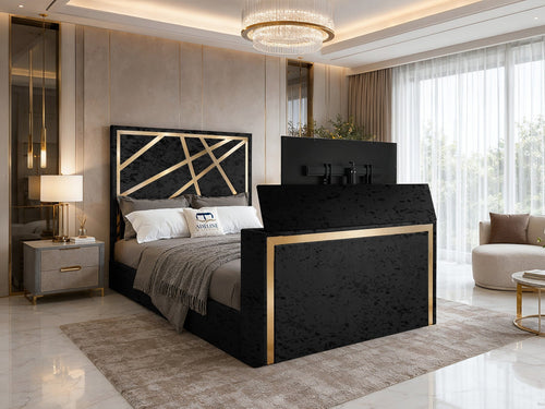 Luxe Gold Panel Storage TV Bed Set with End Lift – 48" Floor Standing Headboard