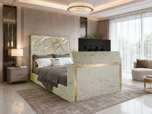Luxe Gold Panel Storage TV Bed Set with End Lift – 48" Floor Standing Headboard