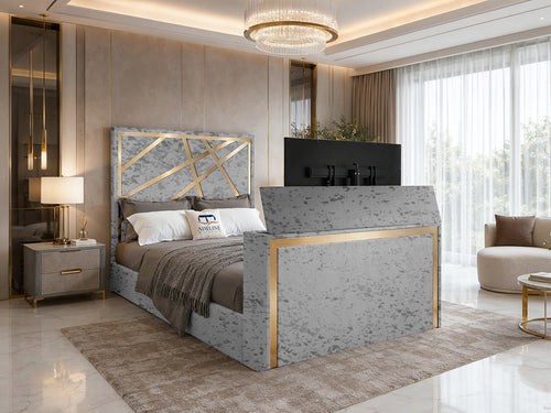 Luxe Gold Panel Storage TV Bed Set with End Lift – 48" Floor Standing Headboard