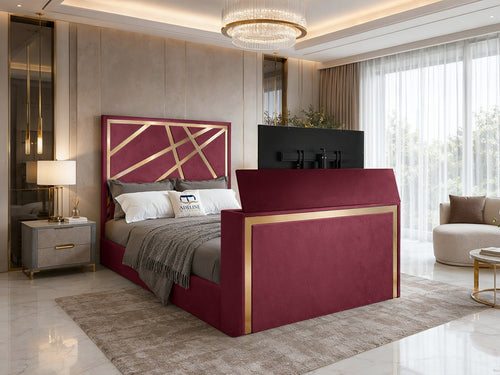 Luxe Gold Panel Storage TV Bed Set with End Lift – 48" Floor Standing Headboard