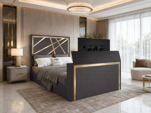 Luxe Gold Panel Storage TV Bed Set with End Lift – 48" Floor Standing Headboard
