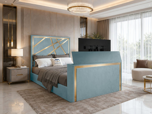 Luxe Gold Panel Storage TV Bed Set with End Lift – 48" Floor Standing Headboard