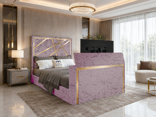 Luxe Gold Panel Storage TV Bed Set with End Lift – 54" Floor Standing Headboard