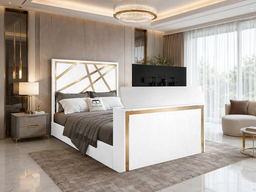 Luxe Gold Panel Storage TV Bed Set with End Lift – 54" Floor Standing Headboard