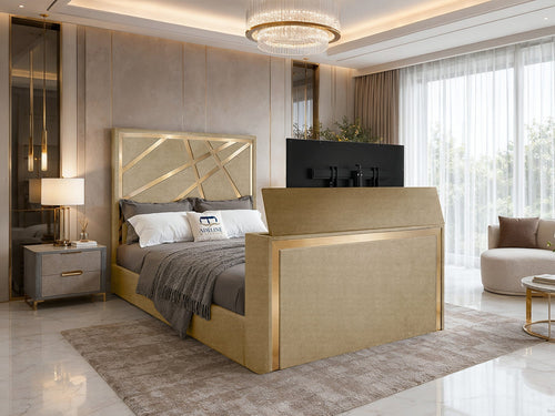 Luxe Gold Panel Storage TV Bed Set with End Lift – 54" Floor Standing Headboard