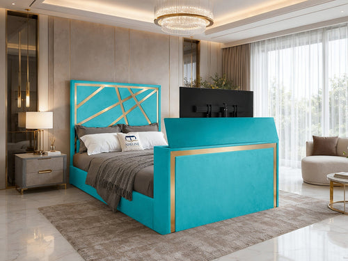 Luxe Gold Panel Storage TV Bed Set with End Lift – 54" Floor Standing Headboard