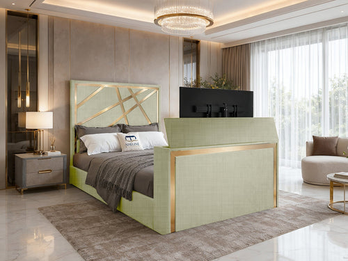 Luxe Gold Panel Storage TV Bed Set with End Lift – 60" Floor Standing Headboard