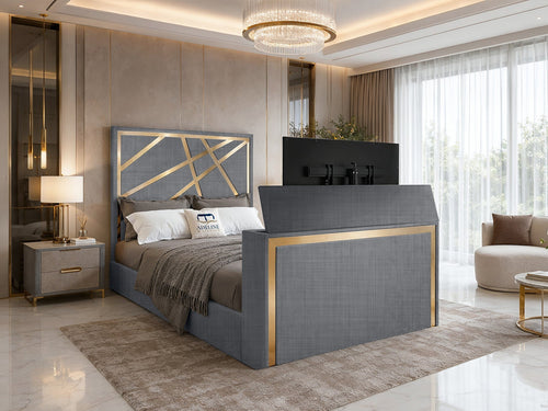 Luxe Gold Panel Storage TV Bed Set with End Lift – 60" Floor Standing Headboard