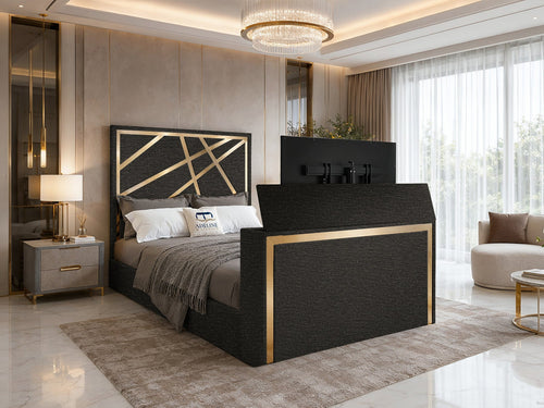 Luxe Gold Panel Storage TV Bed Set with End Lift – 60" Floor Standing Headboard