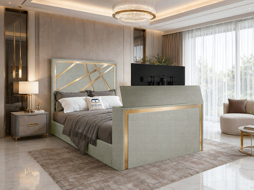 Luxe Gold Panel Storage TV Bed Set with End Lift – 60" Floor Standing Headboard