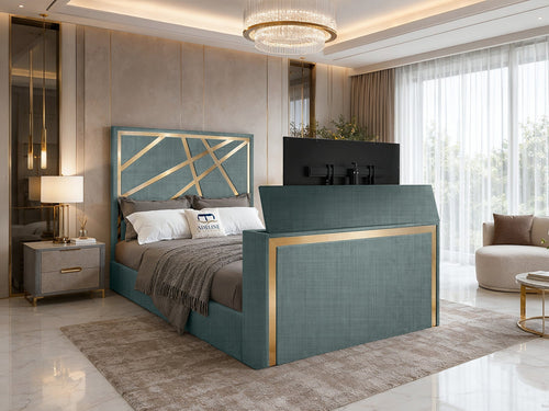 Luxe Gold Panel Storage TV Bed Set with End Lift – 60" Floor Standing Headboard