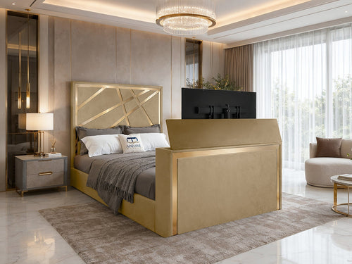 Luxe Gold Panel Storage TV Bed Set with End Lift – 60" Floor Standing Headboard