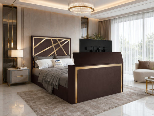 Luxe Gold Panel Storage TV Bed Set with End Lift – 60" Floor Standing Headboard