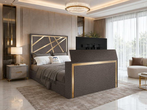 Luxe Gold Panel Storage TV Bed Set with End Lift – 60" Floor Standing Headboard