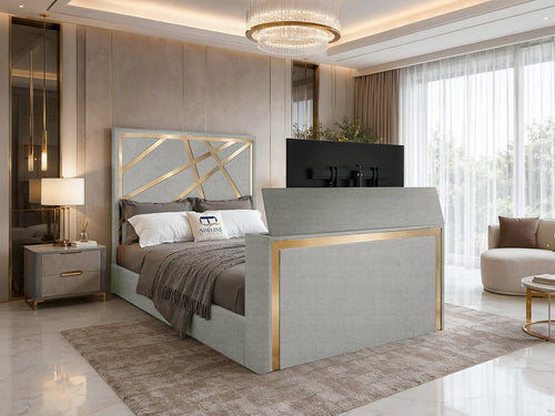 Luxe Gold Panel Storage TV Bed Set with End Lift – 60" Floor Standing Headboard