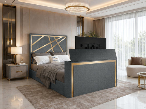 Luxe Gold Panel Storage TV Bed Set with End Lift – 60" Floor Standing Headboard