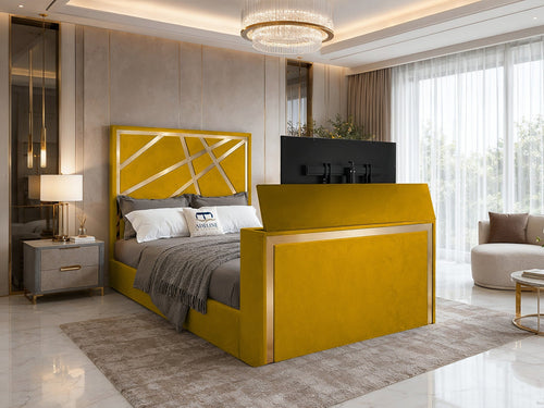 Luxe Gold Panel Storage TV Bed Set with End Lift – 60" Floor Standing Headboard