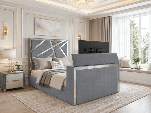 Luxe Silver Panel Storage TV Bed Set with End Lift – 48" Floor Standing Headboard
