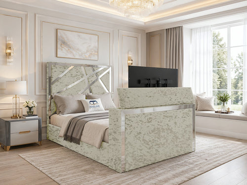 Luxe Silver Panel Storage TV Bed Set with End Lift – 48" Floor Standing Headboard