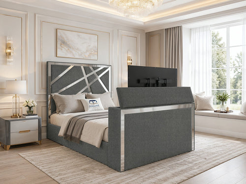 Luxe Silver Panel Storage TV Bed Set with End Lift – 48" Floor Standing Headboard